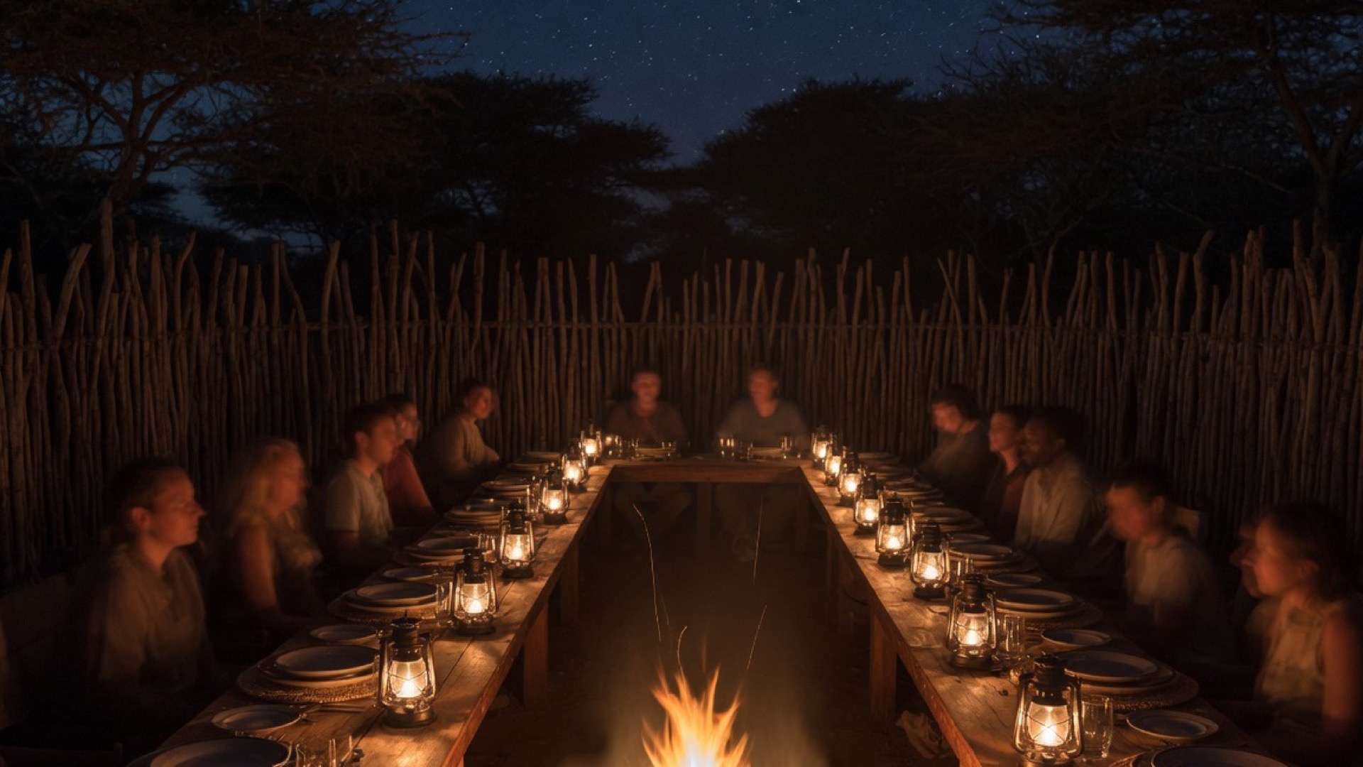 A boma dinner around a fire under the stars