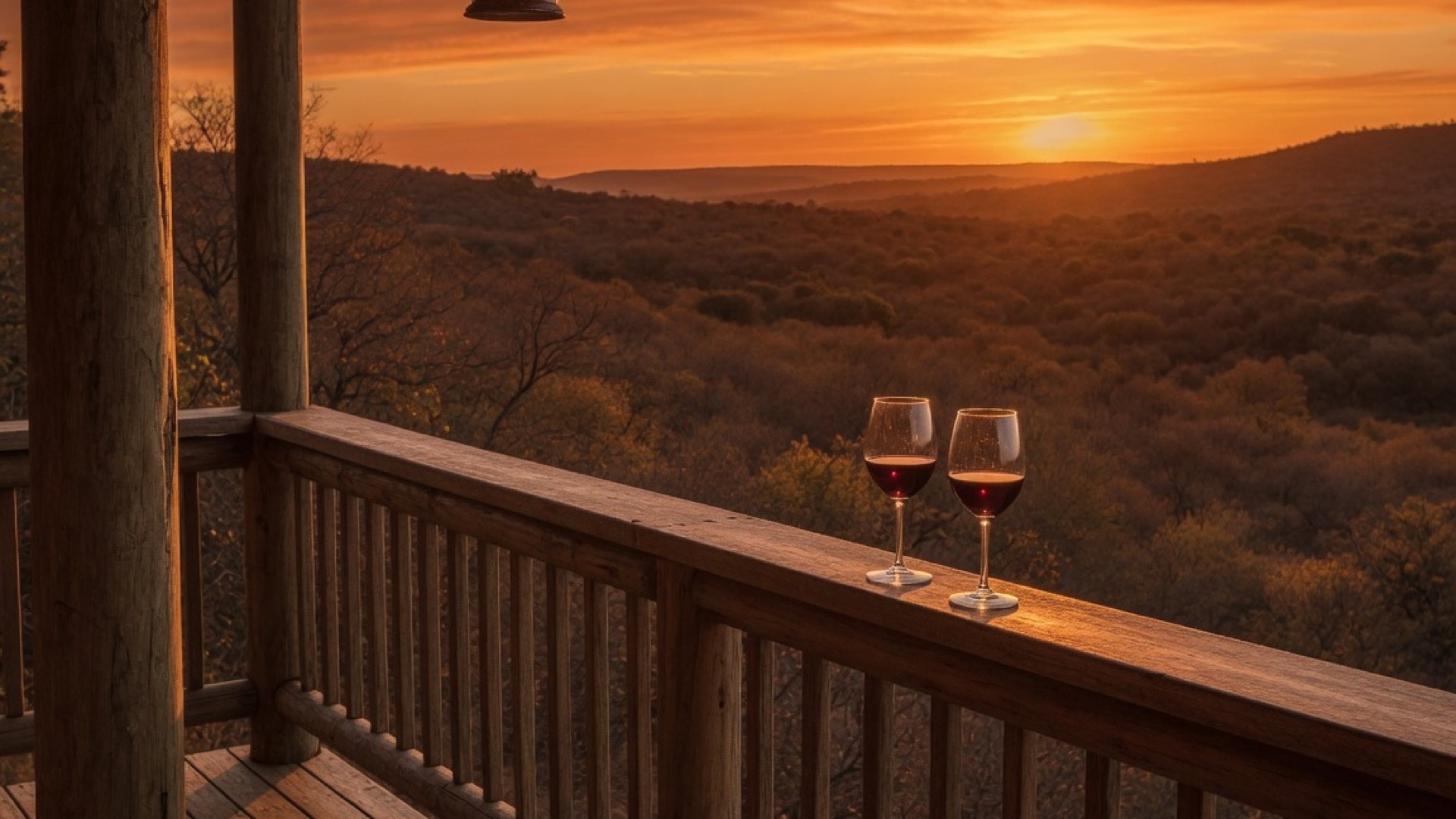 A wooden lodge deck with lanterns and two glasses of wine at sunset
