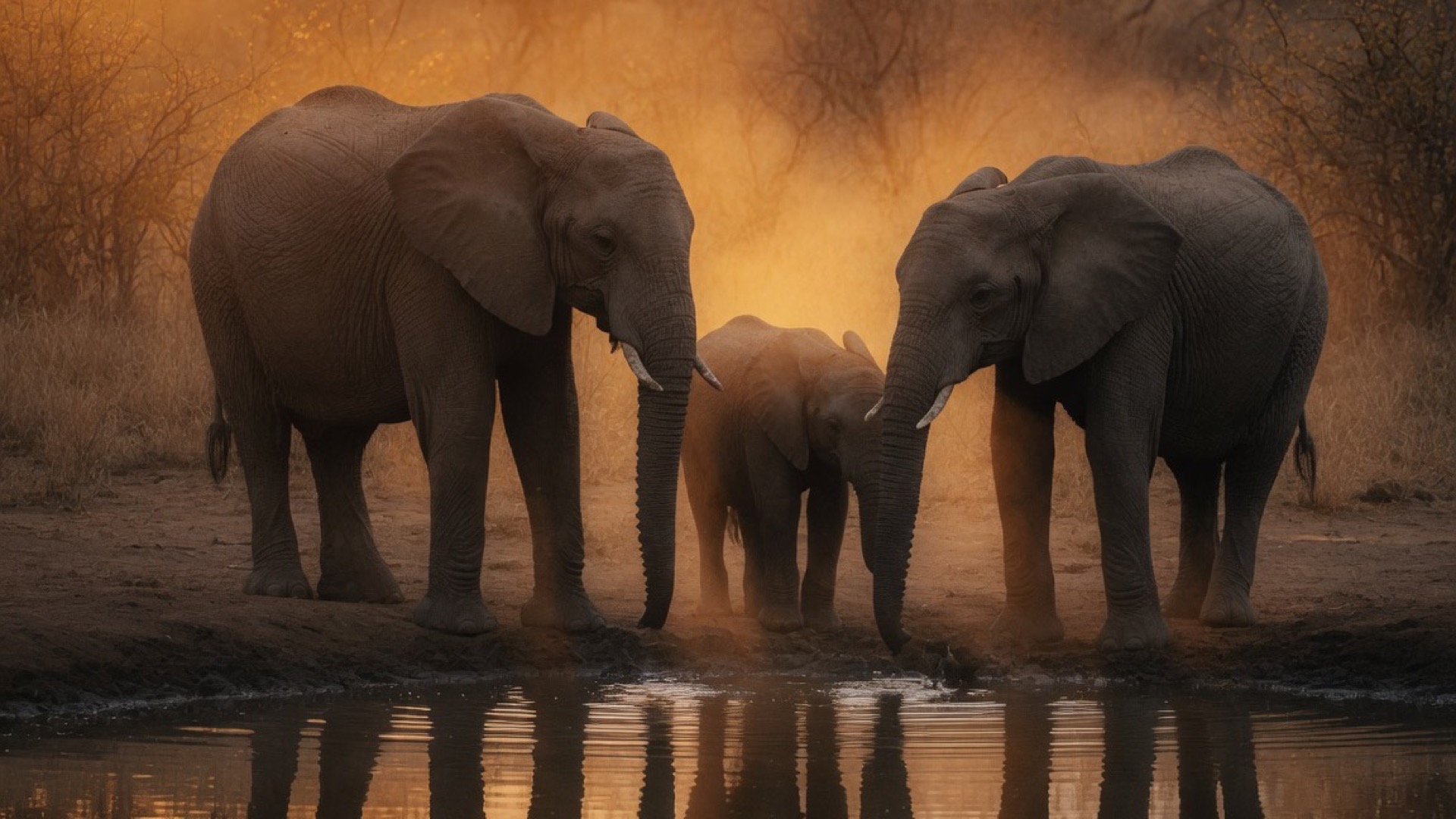 A small elephant herd drinking at a waterhole