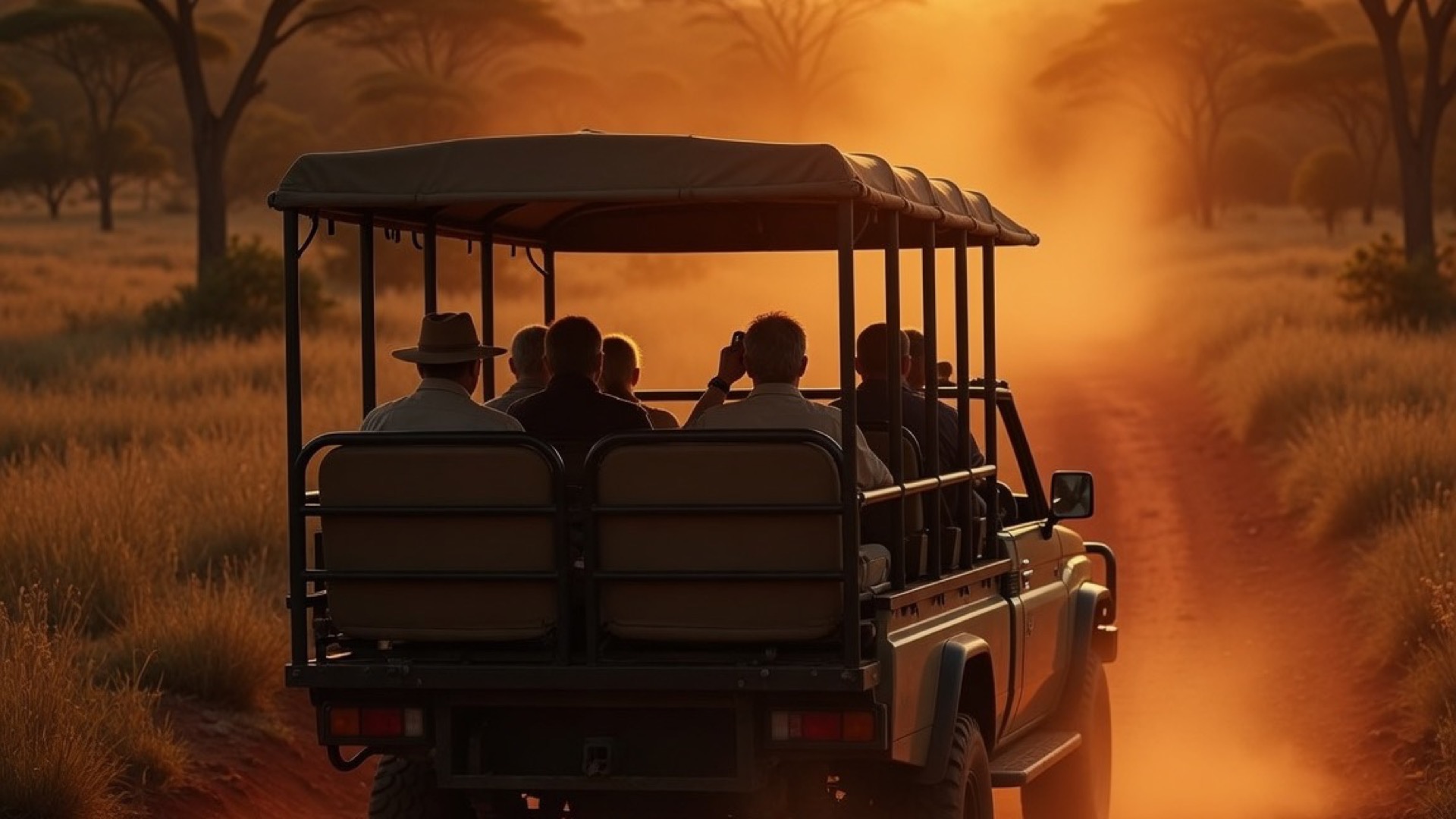 An open game-drive vehicle on a red dirt road at sunrise