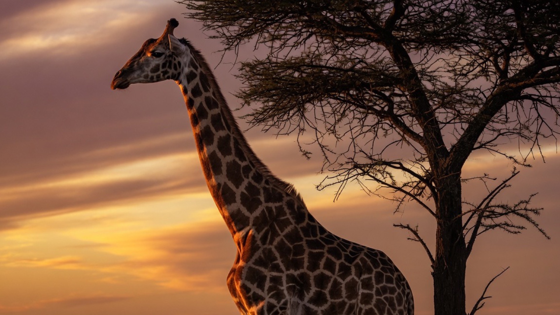 A giraffe beside an acacia at dusk