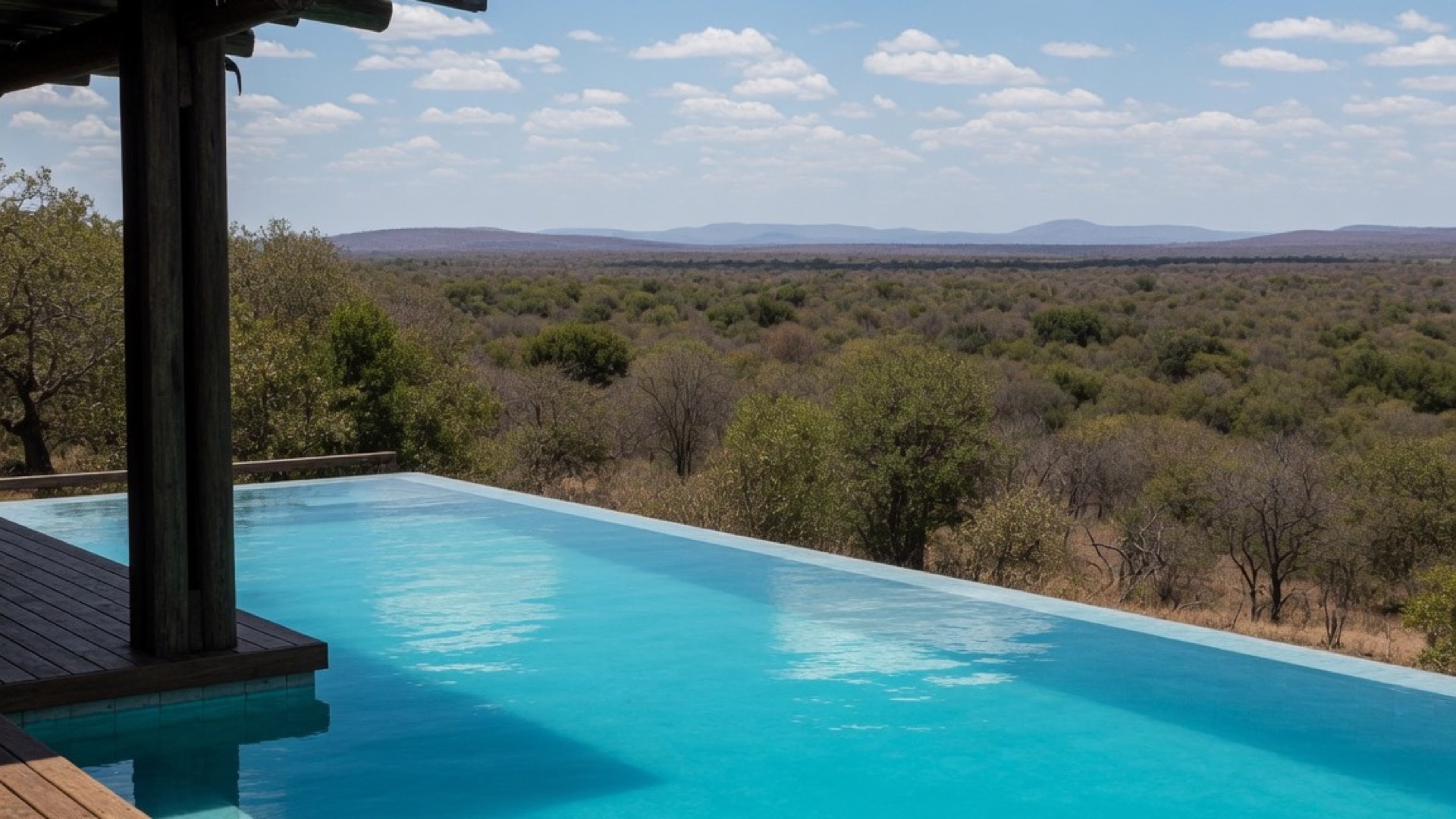 An infinity pool on a wooden deck overlooking the bushveld