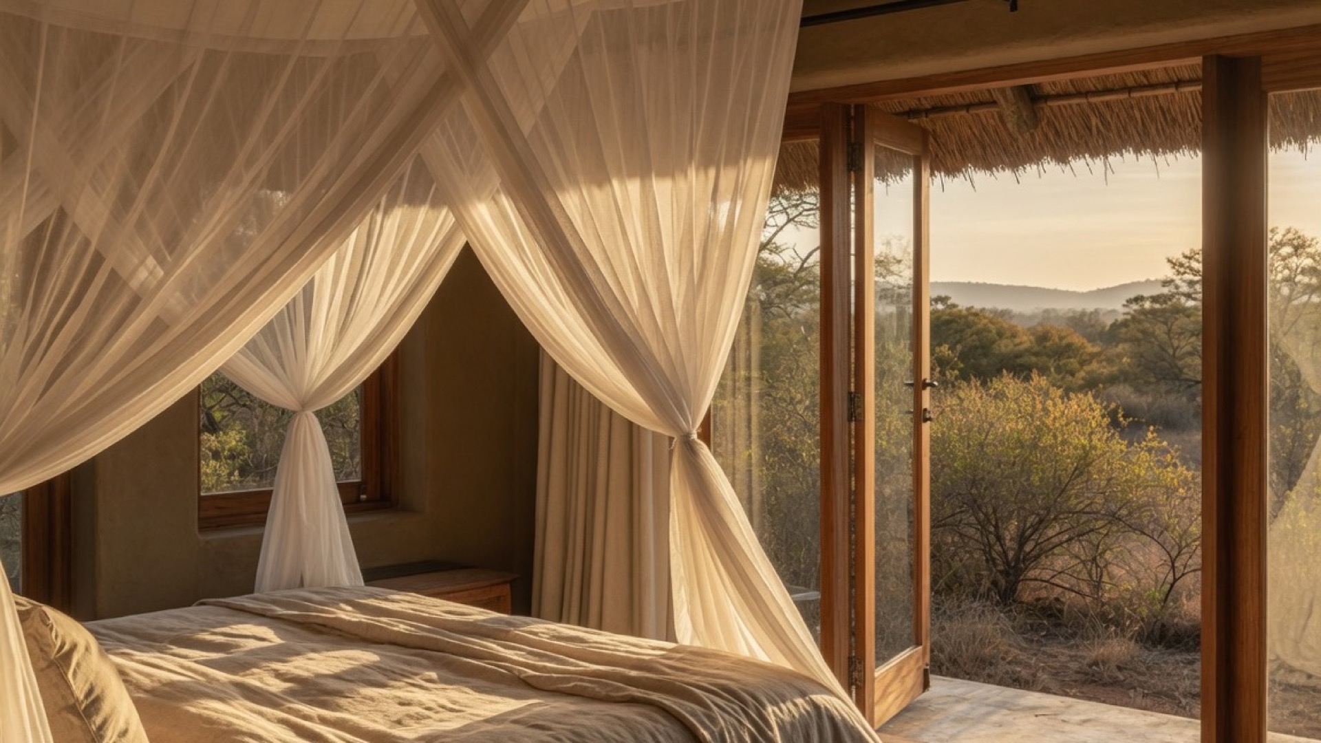 Thatched suite interior with linen bed and mosquito net